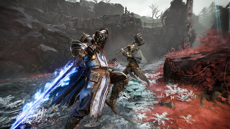 Official Mistfall Hunter Steam screenshot of two armored characters in combat.